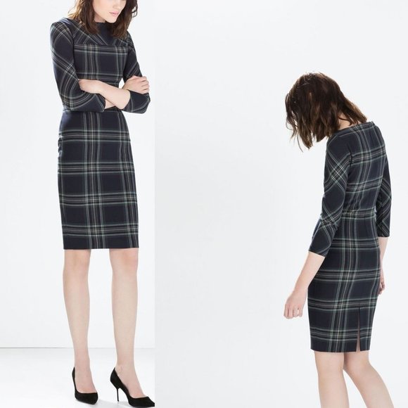ZARA NWT S Navy Plaid Tartan Sheath Bodycon Dress - Picture 3 of 11